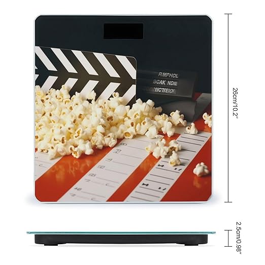 Cinema Clapboard and Popcorn Scale for Body Weight Safe Rounded Corners Tempered Glass Digital Bathroom Scale LED Display 400lb Capacity Weight Scales with High Precision Sensors