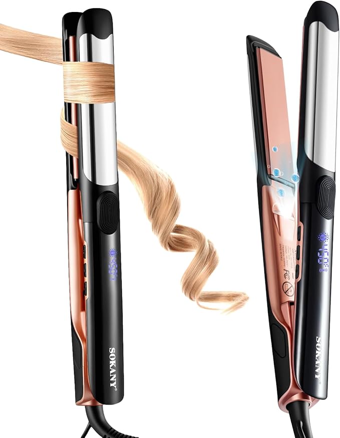 SOKANY Flat Iron Hair Straightener Titanium Curler 2 in 1 Dual Voltage Smart 3D Ceramic Floating Plates Ionic Straightener 8 Temps Settings Fast Heating &amp Heat Protection