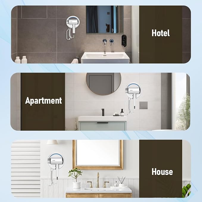 Hotel Wall Mount Hair Dryer for Bathroom with Night Light 110V Quiet Overheat Protection Negative Ion Technology