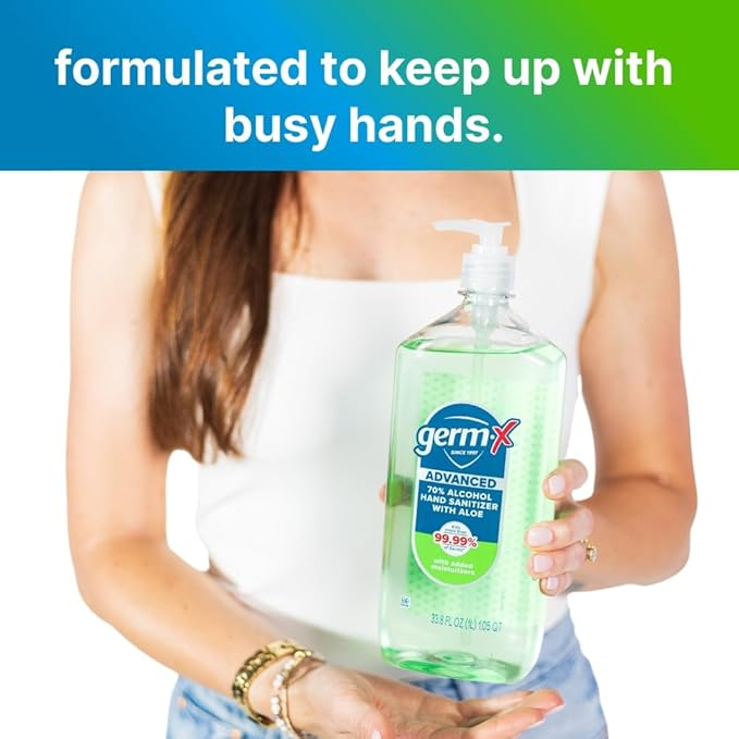Germ-X Advanced Hand Sanitizer with Aloe and Vitamin E 1 Liter (Pack of 4) Less Drying Moisturizing Gel No Rinse Formula Pump Bottle