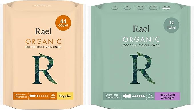 Rael Organic Cotton Cover Panty Liners (Regular 44 Count) &amp Extra Long Overnight Pads (12 Count) Bundle