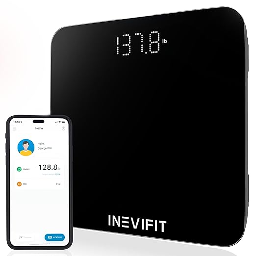 INEVIFIT Smart Bathroom Scale Highly Accurate Bluetooth Digital Bathroom Body Weight Scale Precisely Measures Weight &amp BMI for Unlimited Users (S-Black)