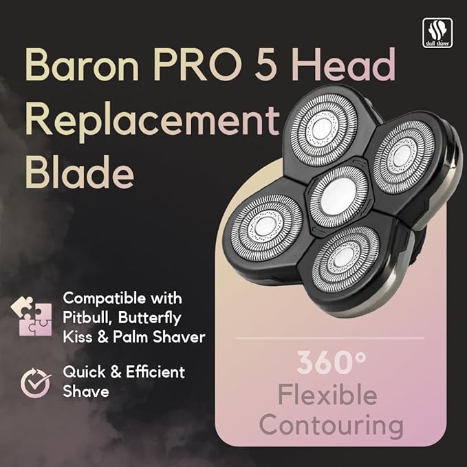 Skull Shaver Baron Replacement Shaver Head Blade - Smooth Close Shave - Wet &amp Dry Use - Flexible 5-Head Design - Quick Twist Lock - Universal Fit