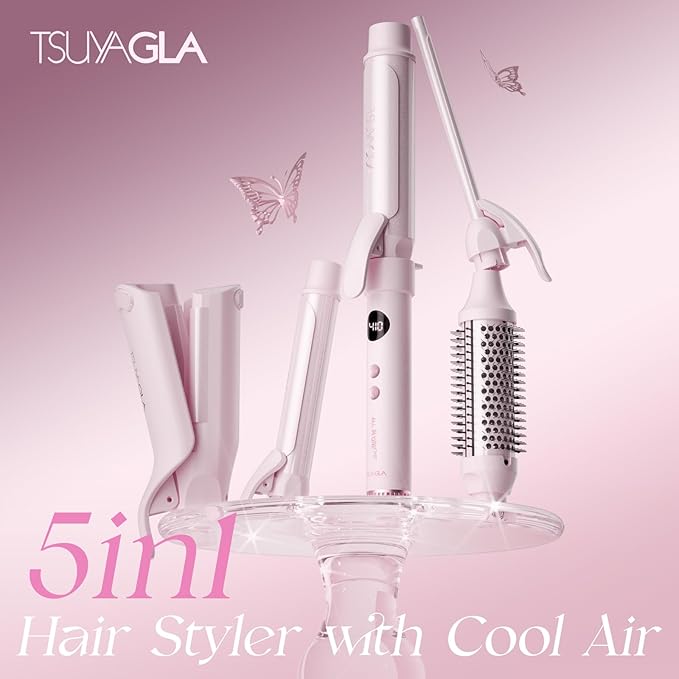 5 in 1 Interchangeable Ceramic Curling Iron Set with Cool Air &amp Ionic Care Fast Heating 3/8 1 1.5 Long Barrel Curling Wand Crimper &amp Thermal Curling Brush Dual Voltage 250℉–410℉