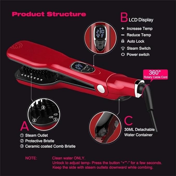 Professional Salon Steam Ceramic Hair Straightener Best 3D Ion Wet Hair Iron Straightening Brush Travel Kit Wide Hair Straightener Comb for All Women Hair Dual Voltag