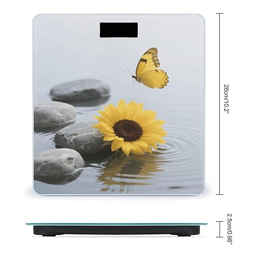 Yellow Flower Butterfly with Zen Stone Weight Scale Cute Bathroom Scale for Body Highly Accurate Digital Weighing Machine for People Compact LCD Display Scales with Sturdy Toughened Glass Scales