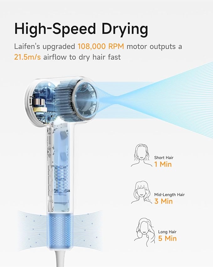 Laifen Hair Dryer SE 2 200 Million Negative Ionic Blow Dryer with Child Mode and 108000 RPM Brushless Motor 1400W Powerful Fast Drying High-Speed Low Noise Hairdryer with Magnetic Attachments