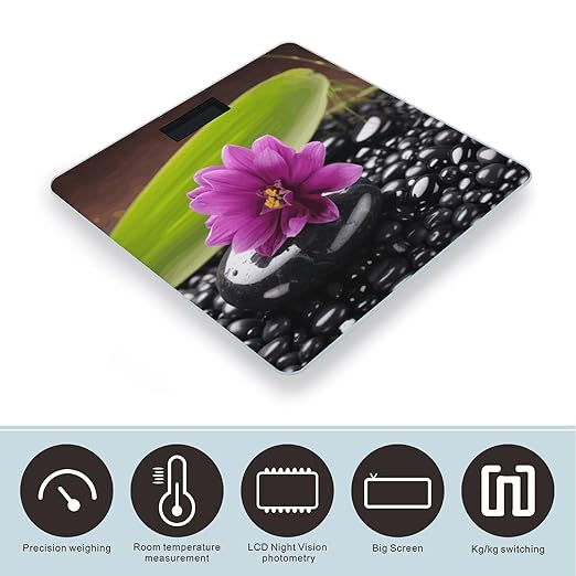 Purple Flower with Black StoneScale for Body Weight with LCD High Precision Weighing Scales Fashion Sturdy Tempered Glass Weight Scales Easy-to-Read Digital Bathroom Scale for Daily 400lb