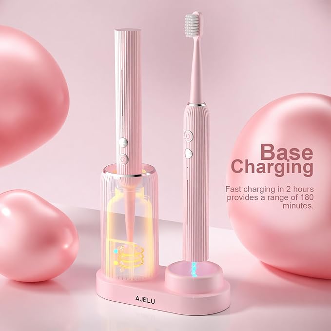 Electric Toothbrush Set for Women with UV Light Drying Holder 8 Brush Heads Smart Timer USB Rechargeable – Soft Pink Edition