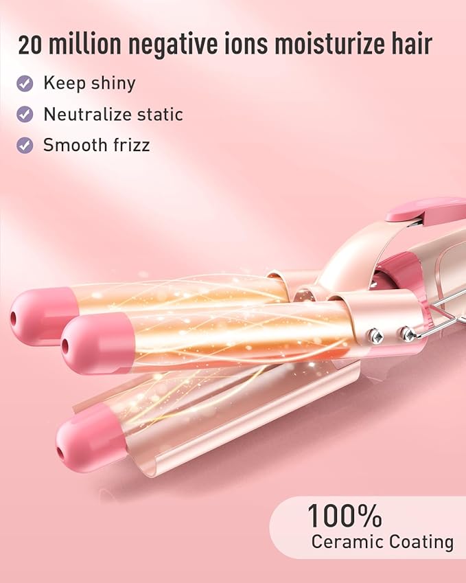 Waver Curling Iron Wand - BESTOPE PRO 5 in 1 Curling Wand Set with 3 Barrel Hair Crimper for Women Fast Heating Crimper Wand Curler in All Hair Type Women Gifts - Leather Pink