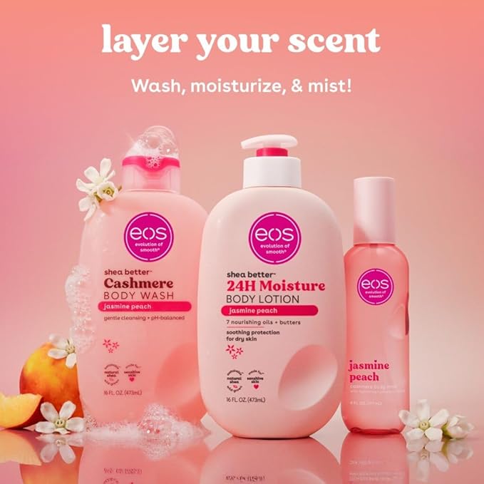 eos Jasmine Peach Scent Layering Bundle - Body Wash Body Mist Body Lotion