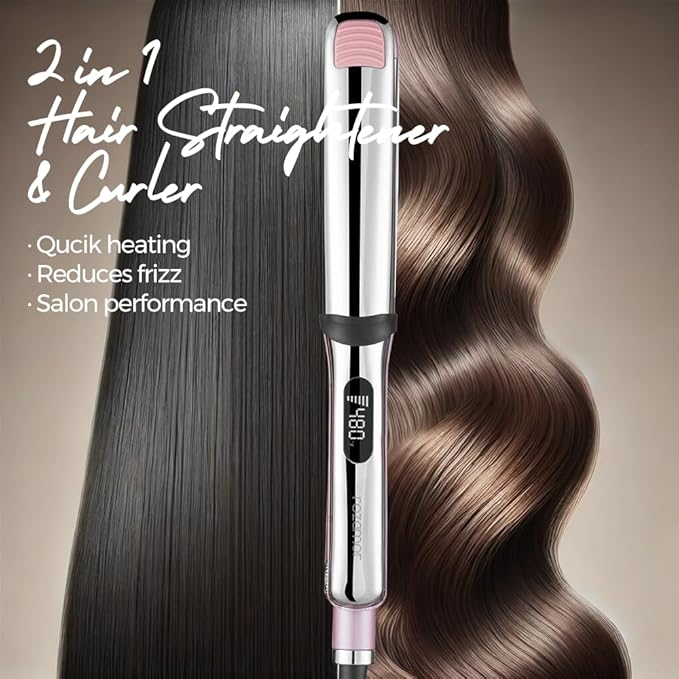 Professional Titanium Flat Iron with 1 1/4 Inch Floating Plates Hair Straightener and Curler 2 in 1 with 10 Adjustable Temp Up to 480 ℉ Negative Ion &amp Dual Voltage Fast Heating Hair Tools