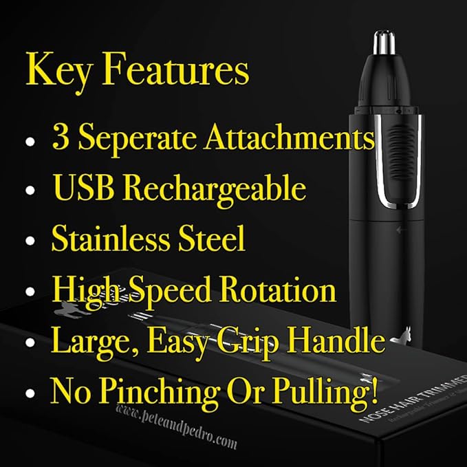 Pete &amp Pedro Nose &amp Ear Hair Trimmer – Clipper Has 3 Attachments for Nose/Ear Eyebrows Trimming &amp Facial Hair Detailing | Men &amp Women Stainless Steel Wet/Dry USB | As Seen on Shar