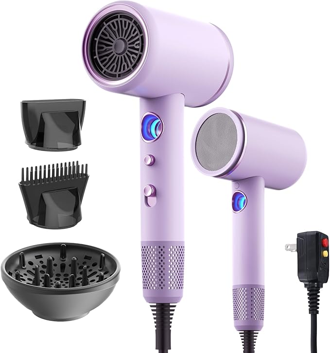 Fast-Drying Ionic Hair Dryer1875 Watt High-Speed Ionic Blow Dryer with Diffuser/Concentrator/Comb NozzleLED Temp DisplayIntelligent Temp ControlLow Noise for Home Salon Travel (Purple)