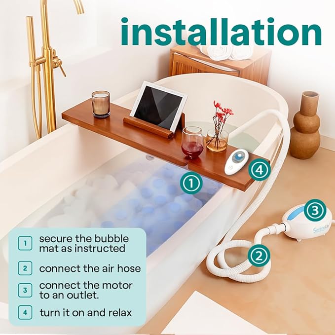 SereneLife Bubble Bath Mat Bathtub Mat with Air Massage and Remote Control Waterproof Non-Slip Adjustable Bubble Intensity Aroma Diffuser 47x14.2 Inch Full Body Spa Massager
