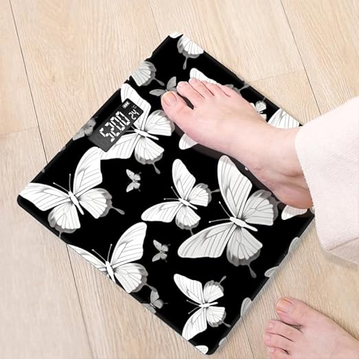 Digital Scale for Body Weight Highly Precision Bathroom Weight Scale 400 lbs with Backlit Display Personalized Scale for Home-White Butterflies On Black Background