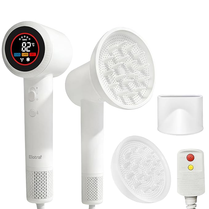 HD Display Hair Dryer: 150000 RPM High Speed Brushless Motor Fast Drying &amp 200M Negative Ionic Blow Dryer Smart Temperature Control 51db Low Noise Magnetic Diffuser &amp Nozzle for All Hair T