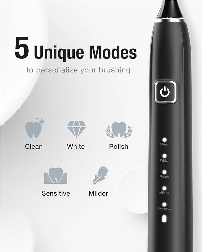 7AM2M Sonic Electric Toothbrush with 6 Brush Heads for Adults&ampKids One Charge for 120 Days Wireless Fast Charge 5 Modes 40000VPM Powered Toothbrush 2 Minutes Built in Smart Timer (Black)