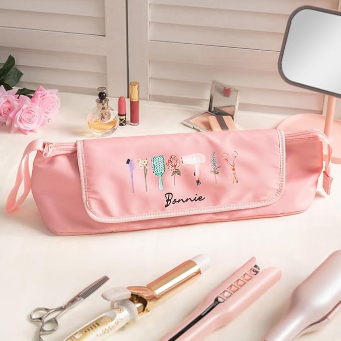 Custom Hair Tools Travel Bag Personalzied Name Birth Flower Hair Accessories Organizer Case With Heat Resistant Mat for Curling Iron Straightener Flat Iron Black Pink Size 4.7 * 5.9 * 18INCH