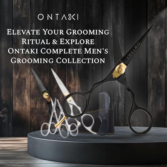 Ontaki Beard &amp Moustache Scissors for Men - 5.5 Japanese Steel Black - Precision Sharp Blades Ergonomic Finger Rest &amp Adjustable Tension Screw for Perfect Trimming - Beard Grooming Scissors