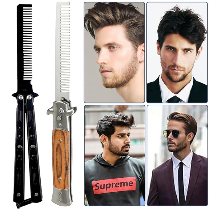 2 Piece Beard Comb Beard Comb for MenFolding Mustache Combs for Men Stainless Steel and Wood Grain Travel Metal Beard CombsBeard Beauty Tool