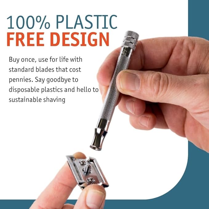 MERKUR 23C Double Edge Safety Razor - Polished Chrome Long Knurled Brass Handle Made in Germany Plastic-Free Three Piece Design Closed Comb Straight Bar