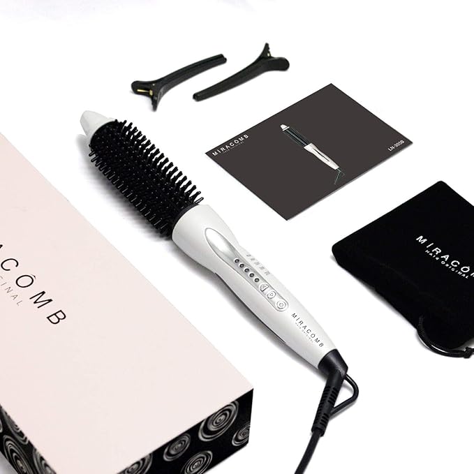 MIRACOMB Hair Curler Straightening Brush - Ceramic Tourmaline Flat Curling Iron - Cool Touch Round Brush PRO Multi Styler with 5 Heat Adjustments 1 Inch Barrel White (Enhanced)