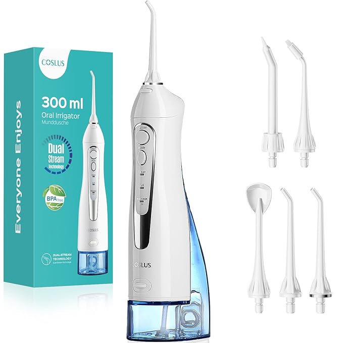 COSLUS Water Dental Flosser Teeth Pick C20(F5020E): Portable Cordless Oral Irrigator 300ML Rechargeable Travel Irrigation Cleaner IPX7 Waterproof Electric Flossing Machine for Teeth Cleaning White