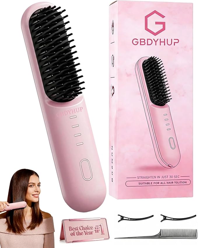 2026 Upgraded Portable Cordless Hair Straightening Brush Fast Heating &amp USB-C Rechargeable Wireless Mini Hair Straightener Styling Brush for Women Short Hair Travel 3 Temperature Settings(Pink)