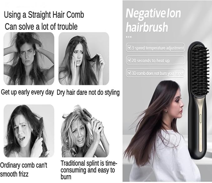 Cordless Hair Straightener with Detangling Brush Portable Hot Ionic Straightening Brush for Women (Black)