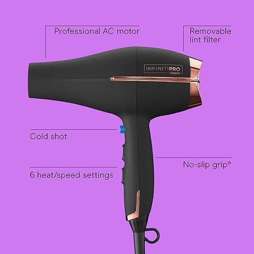 INFINITI PRO by CONAIR Hair Dryer 1875W Blow Dryer with Diffuser and Concentrator Ceramic Technology 3 Heat &amp 2 Speed Settings Cold Shot Button Black