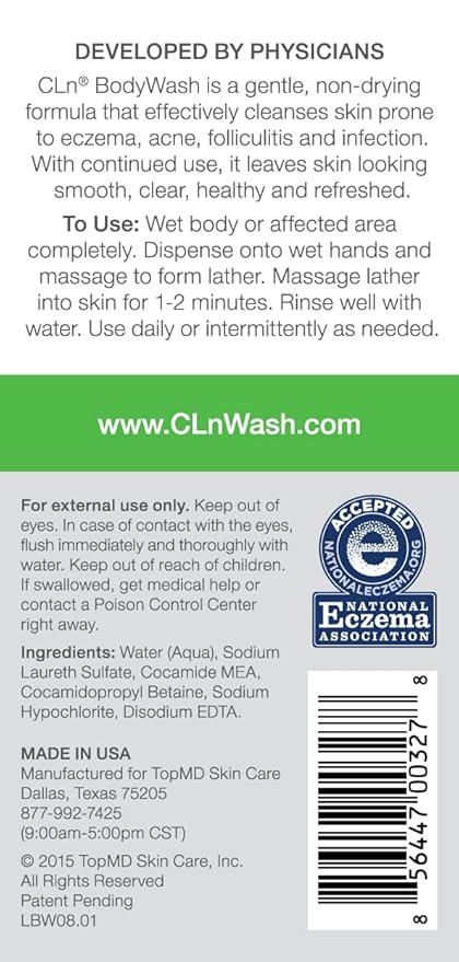 CLn® BodyWash –Non-Drying Body Wash Preserved with Sodium Hypochlorite For Compromised Skin Prone to Eczema Dermatitis Rash &amp Hidradenitis Suppurativa Fragrance-Free &amp Paraben-Free 3 fl o
