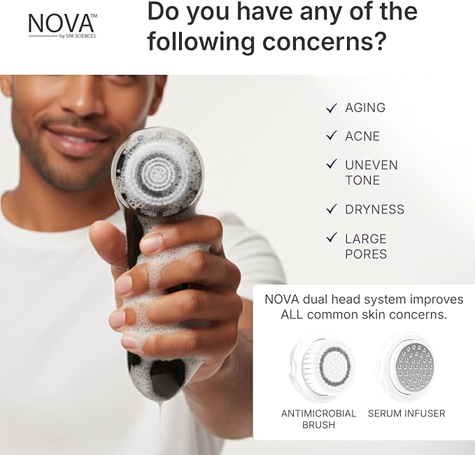 Spa Sciences - NOVA - Sonic Cleansing Brush with Bristles &amp Infusion System – Anti-Aging Facial Exfoliating Waterproof and USB Rechargeable