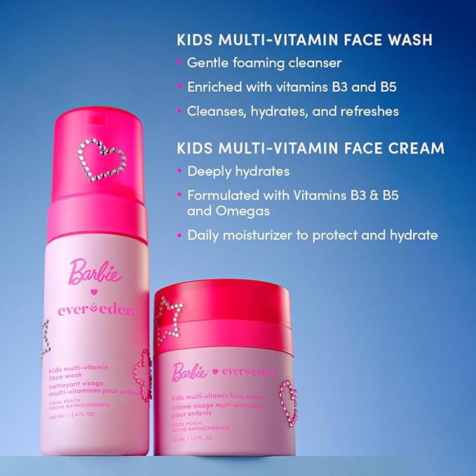 Evereden Happy Face DUO Barbie Edition &amp Cloud Body Wash Coconut Splash Set: Multi-Vitamin Kids Face Wash &amp Cream Fun Foamy Toddler Body Wash &amp Barbie Gift Bundle - Gentle Clean &amp