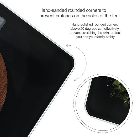 Pizza Wood on Board Scale for Body Weight Anti-Slip Tempered Glass Digital Bathroom Scales Clear LCD Display Weighing Scale Safe Rounded Corners Smart Scales