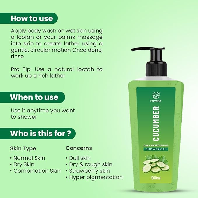 Fuvare Cucumber Body Wash 500Ml Pack 1 | Nourishing &amp Moisturizing Shower Gel for Men &amp Women | Gentle Cleansing Soft Smooth Skin &amp Daily Hydrating Bath Care for All Skin Types