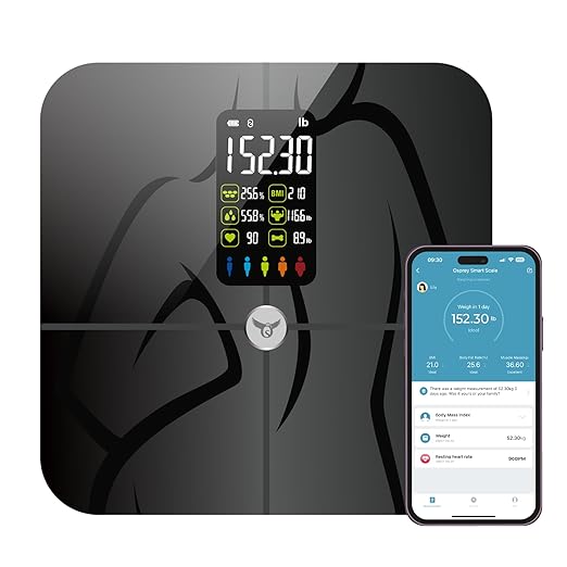 Osprey Smart Scale for Body Weight and Fat Bathroom Scales 18 Body Composition Analyzer Sync to APP 4'7 Digital DisplayHigh Accurate Body Scale for BMIHeart RateMuscle Rate400lbs (Black)