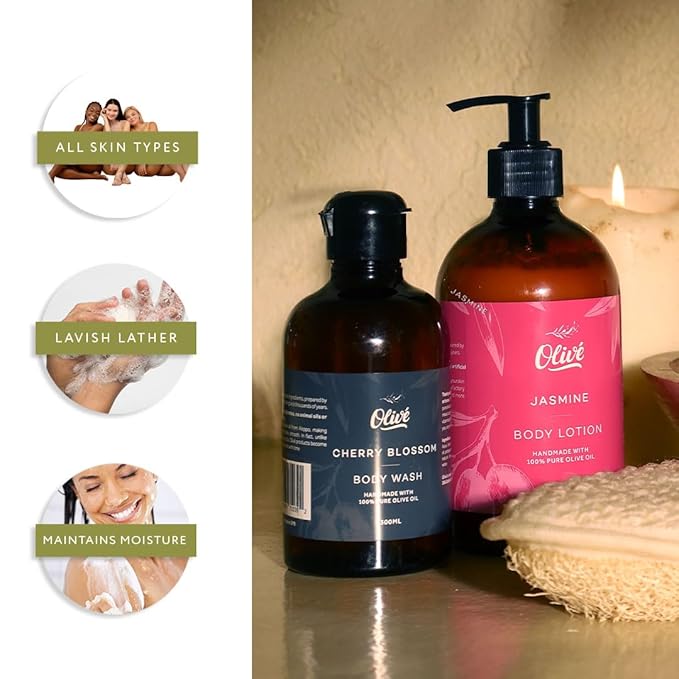 100% Pure Olive Oil Body Wash with Cherry Blossom Scent – Made with Natural Ingredients | Gentle Cleansing &amp Hydrating Shower Gel for Soft Smooth Healthy-Looking Skin | 300ml Bottle