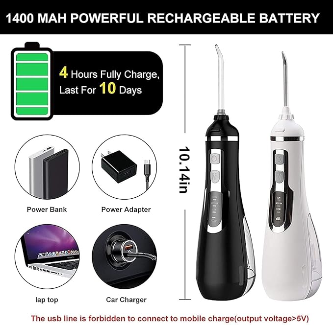 Water Flosser Portable Dental Oral Irrigator with 3 Modes 4 Replaceable Jet Tips Rechargeable Waterproof Teeth Cleaner for Home and Travel -200ml Detachable Reservoir(White)