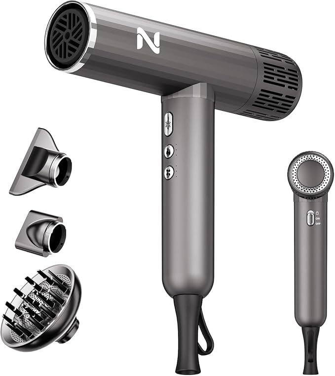 1600W professional ionic hair dryer with 3 attachments 110000RPM high-speed brushless motor for fast drying Lightweight low-noise with locking function 4 temperature and 3 speed settings