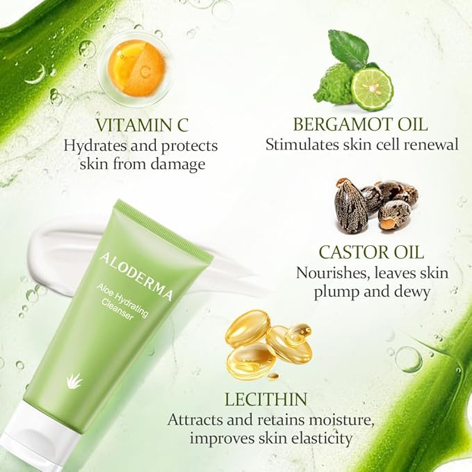 Aloderma Aloe Shower Set - Nourishing Body Wash Hydrating Facial Cleanser - Refreshing Soothing Hydrating