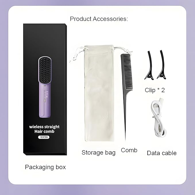 Portable Cordless Mini Hair Straightening Comb 2024 Hair Straightener Brush Frizz-Free Styling with Negative Ions USB Rechargeable Travel Hair Hot Comb for All Hair Types (2PCS-2600mAh Battery)