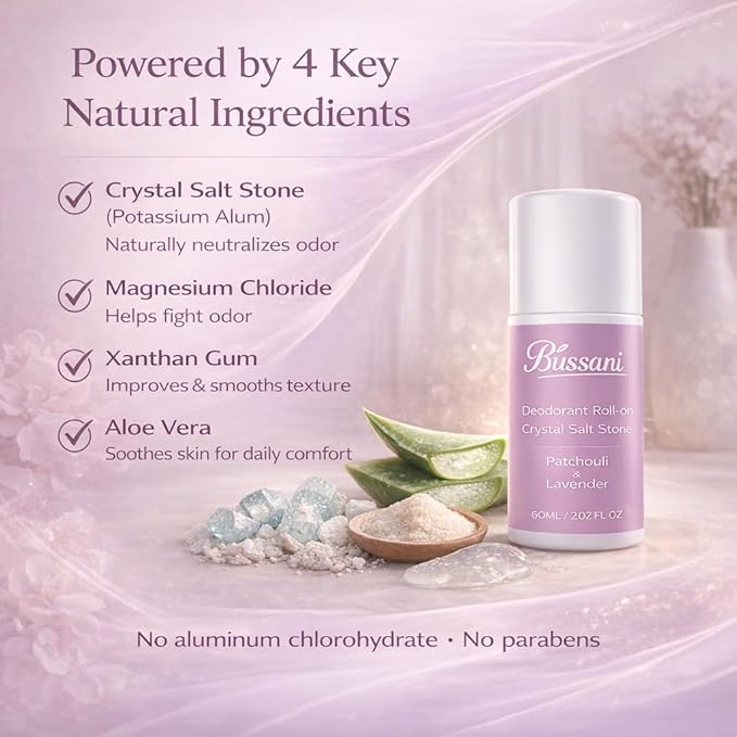 Bussani Women's Roll-On Deodorant | Salt Stone Formula Long-Lasting &amp Aluminum-Free | 24-Hour Odor Protection | Gifts for Her ֻ| Fragrance: Lavender Patchouli Scent 2.02 fl oz Pack of 3