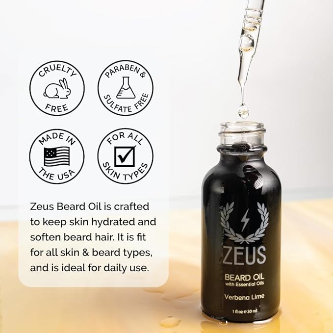 ZEUS Natural Beard Oil for Men Premium Grooming Oil to Soften Hydrate Condition &amp Control Frizz in Beard and Mustache (Made in USA) Sandalwood
