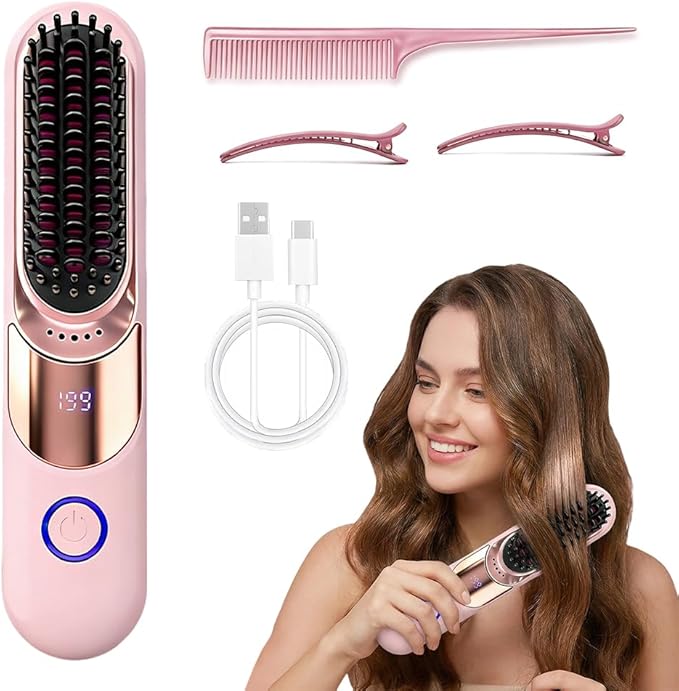 Wireless Ceramic Heating Hair Straightening Comb Portable Hair Straightening Brush Rechargeable Straightener Comb Fast Heating Straightener Brush for Travel Home (B_Pink)