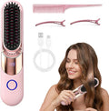 Wireless Ceramic Heating Hair Straightening Comb Portable Hair Straightening Brush Rechargeable Straightener Comb Fast Heating Straightener Brush for Travel Home (B_Pink)