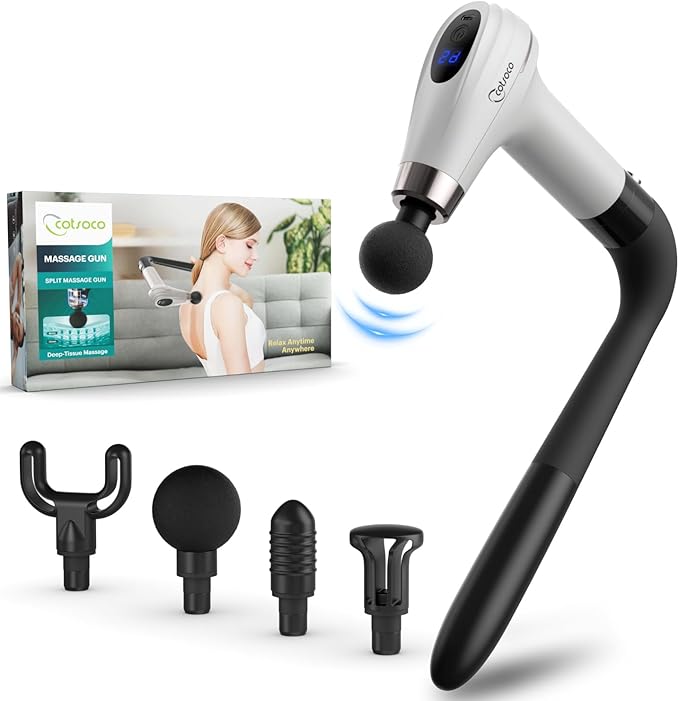cotsoco Massage Gun with Upgraded Extension Handle Percussion Deep Tissue Back Massager with 4 Massage Heads &amp 6 Speed Levels Muscles/Neck/Shoulders/Waist/Legs Massager for Pain Relief Gifts