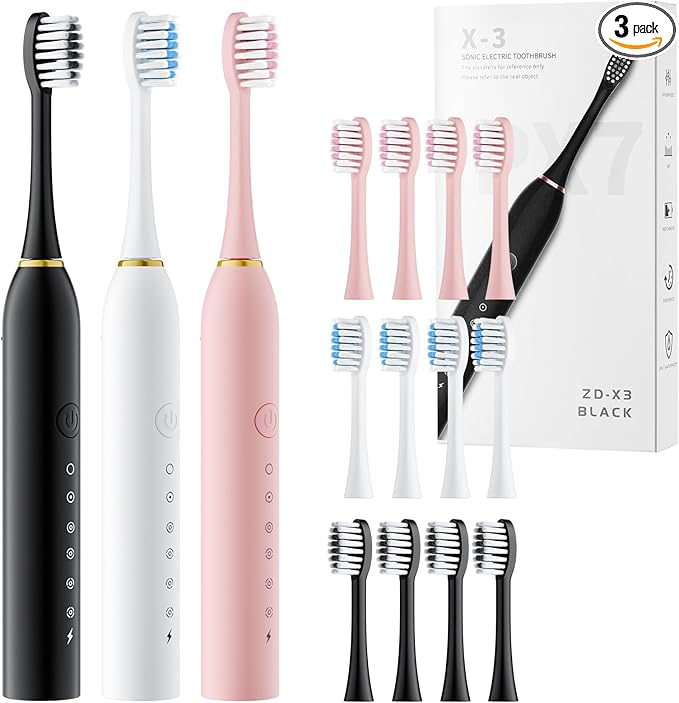Dnil 3 Pack Sonic Electric Toothbrush 42000vpm High-Frequency Vibrations 6 Brushing Modes with Smart Timer Includes 12 Replacement Heads for Deep Clean and Gum Care(Black+White+Pink)