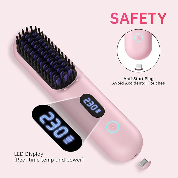 2Pcs Numoya GoBrush Pro 2025 Cordless Hair Straightener Brush for Short Hair Portable Travel Hair Straightener Cepillo Alisador De Cabello 9 Temp Settings 9600mAh Rechargeable (Pink)