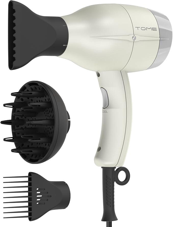 TOME Hair Dryer with Diffuser 1875W Ionic Blow Dryer with Comb Attachment and Concentrator for Home Use Fast Drying with Cool Shot and 2 Heat &amp 2 Speed Settings 125V White